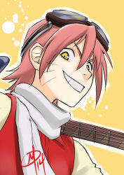 Rule 34 | 00s, 1girl, bass guitar, flcl, goggles, goggles on head, grin, haruhara haruko, instrument, pink hair, polarityplus, scarf, short hair, smile, solo, whiskers, yellow eyes