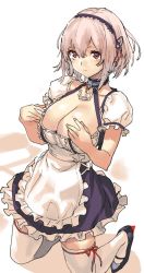 Rule 34 | 1girl, anchor choker, apron, azur lane, breasts, dress, frilled apron, frilled dress, frills, hairband, kneeling, lace-trimmed hairband, lace trim, large breasts, maid, puffy short sleeves, puffy sleeves, red eyes, sameda koban, short hair, short sleeves, sirius (azur lane), smile, solo, thighhighs, underbust, white hair, zettai ryouiki