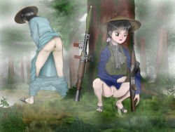 Rule 34 | 2girls, ass, blush, clothes lift, clothes pull, dress, dress lift, female focus, forest, from behind, hat, multiple girls, nature, outdoors, pants, pants pull, peeing, puddle, pussy, rocket launcher, rpg (weapon), sandals, spread legs, squatting, uncensored, weapon
