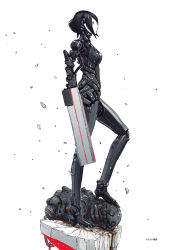 Rule 34 | 1girl, android, arm cannon, artbook, black hair, blame!, bodysuit, damaged, defeat, facial mark, from side, full body, graviton beam emitter, greyscale, hair between eyes, high heels, highres, humanoid robot, joints, long legs, mechanical arms, mechanical legs, monochrome, nihei tsutomu, oil, pale skin, robot, robot joints, safeguard (blame!), sanakan, short hair, silicon creature (blame!), spot color, weapon, white eyes