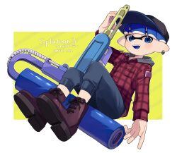 Rule 34 | 1boy, :d, arm up, artist name, baseball cap, big swig roller (splatoon), black hat, blue eyes, blue hair, blue pants, blue tongue, blush, boots, brown footwear, buttons, capri pants, colored tongue, commentary request, copyright name, dated, earrings, green background, hat, highres, inkling, inkling boy, inkling player character, jacker, jacket, jewelry, long sleeves, looking at viewer, male focus, nintendo, open mouth, paint roller, pants, plaid, plaid jacket, pocket, pointy ears, red jacket, sahata saba, short hair, simple background, single earring, smile, solo, splatoon (series), splatoon 3, teeth, tentacle hair, twitter username, upper teeth only, white background