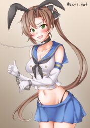 1girl akigumo_(kancolle) anti_(untea9) black_hairband black_neckerchief black_panties blue_sailor_collar blue_skirt blush breasts brown_background brown_hair choker cleavage cosplay crop_top cuffs elbow_gloves gloves green_eyes hair_ribbon hairband highres kantai_collection long_hair medium_breasts microskirt neckerchief open_mouth panties ponytail ribbon sailor_collar shimakaze_(kancolle) shimakaze_(kancolle)_(cosplay) skirt solo underwear white_gloves