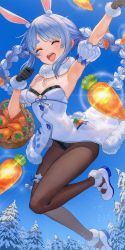 Rule 34 | 1girl, :d, animal ears, arm up, armband, armpits, basket, black gloves, black leotard, blue hair, blue sky, braid, breasts, carrot, carrot hair ornament, clear sky, closed eyes, coat, coat dress, commentary, day, don-chan (usada pekora), dress, ekao, facing viewer, food-themed hair ornament, fur-trimmed coat, fur scarf, fur trim, gloves, grey pantyhose, hair ornament, highres, hololive, leg up, leotard, long hair, multicolored hair, open mouth, outdoors, pantyhose, rabbit ears, rabbit girl, rabbit tail, shoes, sidelocks, sky, small breasts, smile, solo, sparkle, standing, standing on one leg, strapless, strapless coat, strapless dress, strapless leotard, tail, thick eyebrows, tree, twin braids, two-tone hair, usada pekora, usada pekora (1st costume), virtual youtuber, white coat, white footwear, white hair
