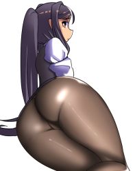 Rule 34 | 1girl, ass, brown eyes, from behind, highres, jill stingray, long hair, looking back, pantyhose, ruw ruler, solo, va-11 hall-a, white background