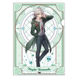 Rule 34 | 1boy, ahoge, artist request, black pants, border, brown footwear, card (medium), chain, character name, closed mouth, collarbone, danganronpa (series), danganronpa 2: goodbye despair, denim, full body, green background, green eyes, green jacket, hair between eyes, hand in pocket, hand on own face, hood, hood down, hooded jacket, jacket, jeans, komaeda nagito, long sleeves, looking at viewer, male focus, merchandise available, messy hair, open clothes, open jacket, pants, shirt, shoes, short hair, skull, smile, solo, stained glass, torn clothes, torn jacket, white border, white hair, white shirt