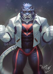 Rule 34 | 1boy, animal ears, bara, black bodysuit, blue fur, bodysuit, bulge, clenched hands, feet out of frame, furry, furry male, highres, large pectorals, long sideburns, looking at viewer, male focus, mature male, muscular, muscular male, neumo, original, pectorals, short hair, sideburns, solo, standing, superhero costume, thick thighs, thighs, tiger boy, tiger ears