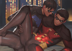 Rule 34 | 2boys, bara, batman (series), black bodysuit, black cape, black hair, blue bodysuit, bodysuit, cape, covered abs, dc comics, dick grayson, domino mask, leg up, looking at another, lying, male focus, mask, multiple boys, muscular, muscular male, nightwing, on side, paid reward available, penguin frontier, red bodysuit, red robin, short hair, tim drake, two-tone bodysuit, yaoi
