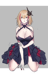 Rule 34 | 1girl, azur lane, black dress, blonde hair, bow, breasts, brown eyes, dress, earrings, echj, grey background, hair bow, highres, jewelry, large breasts, looking at viewer, nail polish, open mouth, roon (azur lane), roon (dark red grin) (azur lane), seiza, short hair, sitting, sitting on lap, sitting on person, solo