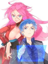 Rule 34 | 10s, 1boy, 1girl, aoten (aoiroarekore), arm on another&#039;s shoulder, blue eyes, blue hair, breasts, cleavage, coat, fate/extra, fate (series), francis drake (fate), holographic monitor, long hair, matou shinji, pink hair, pirate, red coat, scar, simple background, wavy hair, white background