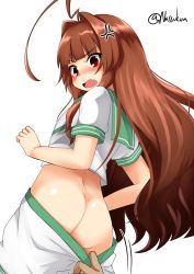 Rule 34 | 1girl, 1other, ahoge, anger vein, ass, brown eyes, brown hair, clothes pull, commentary request, cowboy shot, from behind, from below, green sailor collar, highres, huge ahoge, kantai collection, kuma (kancolle), long hair, looking back, nassukun, one-hour drawing challenge, sailor collar, school uniform, serafuku, short sleeves, shorts, shorts pull, simple background, twitter username, white background, white shorts