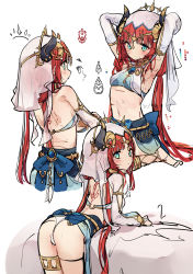 Rule 34 | 1girl, absurdres, aqua eyes, arms behind head, arms up, ass, back tattoo, bare back, bare shoulders, bent over, blue skirt, blush, breasts, brooch, circlet, closed mouth, cowboy shot, crop top, detached sleeves, genshin impact, gladiator sandals, harem outfit, highres, horns, jewelry, long hair, looking at viewer, looking back, low twintails, multiple views, navel, neck ring, nilou (genshin impact), panties, parted bangs, pkpkpppk, red hair, sandals, simple background, sitting, skirt, small breasts, smile, stomach, tattoo, thighlet, thighs, twintails, underwear, unfinished, veil, vision (genshin impact), wariza, white background, white panties, white sleeves