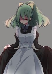 Rule 34 | 1girl, alternate costume, apron, benia08, black dress, bow, bowtie, breasts, closed eyes, commentary request, cookie (touhou), cowboy shot, curtsey, daiyousei, diyusi (cookie), dress, enmaided, green hair, grey background, grey bow, grey bowtie, hair bow, highres, juliet sleeves, long hair, long sleeves, maid, maid apron, open mouth, ponytail, puffy sleeves, simple background, small breasts, solo, touhou, white apron, yellow bow
