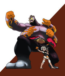 Rule 34 | 1boy, 1girl, absurdres, arm up, barefoot, bea (pokemon), belt, black bodysuit, black eyes, black hairband, black pants, blacknirrow, bodysuit, bodysuit under clothes, breasts, brown background, clenched hands, closed mouth, colored skin, covered navel, creatures (company), crop top, dark-skinned female, dark skin, extra arms, feet, foreshortening, full body, game freak, gen 1 pokemon, giant, giant male, gigantamax, gigantamax machamp, gloves, grey eyes, grey hair, grey skin, hairband, hand up, highres, knee pads, legs apart, looking to the side, machamp, matching hair/eyes, multicolored skin, muscular, muscular male, nintendo, open mouth, orange gloves, orange skin, pants, partially fingerless gloves, pectorals, pokemon, pokemon (creature), pokemon swsh, shirt, short hair, short shorts, short sleeves, shorts, side slit, sidelocks, simple background, single glove, skin tight, sleeveless, sleeveless shirt, small breasts, smoke, spread legs, standing, topless male, torn clothes, torn shirt, two-tone background, two-tone skin, v-shaped eyebrows, white background, white shirt, white shorts, yellow eyes