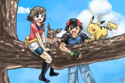 Rule 34 | ash ketchum, couple, creatures (company), eevee, game freak, gen 1 pokemon, may (pokemon), nature, nintendo, pikachu, pokemon, pokemon (anime), pokemon (creature), tree