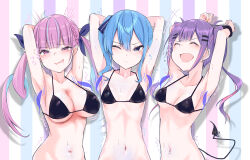 Rule 34 | 3girls, absurdres, tickling armpits, arms up, bikini, black bikini, blue eyes, blue hair, breasts, demon tail, e-wing (ewingillustrate), highres, hololive, hoshimachi suisei, large breasts, medium breasts, minato aqua, multicolored hair, multiple girls, navel, navel piercing, one eye closed, piercing, pink hair, purple eyes, purple hair, side ponytail, small breasts, startend (hololive), stomach, streaked hair, struggling, swimsuit, tail, tears, tickle torture, tickling, tokoyami towa, twintails, virtual youtuber