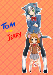 Rule 34 | 2girls, :3, animal ears, black eyes, blue hair, blue jacket, bow, brown jacket, cat ears, character name, commentary request, copyright name, fingerless gloves, full body, genderswap, genderswap (mtf), gloves, grey skirt, hands on own hips, head tilt, jacket, jerry (tom and jerry), legs apart, looking at viewer, mouse ears, mouse tail, multiple girls, okamura (okamura086), orange hair, outline, pantyhose, paw pose, personification, plaid, plaid background, pleated skirt, red neckwear, short hair, skirt, smile, smug, standing, tail, tail bow, tail ornament, tom, tom and jerry, v-shaped eyebrows, white gloves, white outline