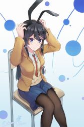 Rule 34 | 10s, 1girl, animal ears, arms up, black hair, black pantyhose, blue eyes, blue skirt, blush, brown jacket, cathamos, chair, chinese commentary, collared shirt, commentary request, dated, fake animal ears, from above, from side, hair ornament, hairclip, highres, jacket, long hair, long sleeves, looking at viewer, looking to the side, looking up, necktie, pantyhose, pleated skirt, rabbit ears, red necktie, sakurajima mai, school chair, school uniform, seishun buta yarou, shirt, signature, sitting, skirt, solo, sweater vest, white shirt, wing collar