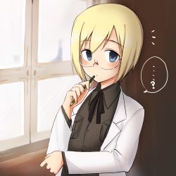 Rule 34 | ..., 1girl, ?, ^^^, blonde hair, blue eyes, emirio (emirio110), glasses, highres, lab coat, looking at viewer, military, military uniform, pencil, short hair, solo, spoken ellipsis, spoken question mark, strike witches, strike witches: suomus misfits squadron, uniform, ursula hartmann, world witches series