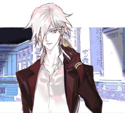 Rule 34 | 1boy, adjusting earrings, alternate costume, bishounen, blue eyes, bodysuit, colored skin, earrings, european clothes, expressionless, eyeliner, fate/apocrypha, fate (series), formal, hair down, highres, jewelry, karna (fate), makeup, male focus, mchi, single earring, solo, white hair, white skin