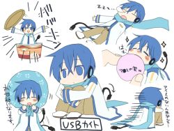 Rule 34 | 1boy, ^ ^, back, blue hair, blue scarf, chibi, closed eyes, colored eyelashes, depressed, food, ice cream, kaito (vocaloid), male focus, midriff peek, mini person, miniboy, multiple views, oharu, scarf, simple background, sitting, sparkle, translation request, usb, vocaloid, white background