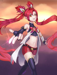 Rule 34 | 1girl, alternate costume, alternate hair color, alternate hairstyle, bare shoulders, belt, black gloves, black thighhighs, bow, elbow gloves, fingerless gloves, gloves, hair ornament, jinx (league of legends), league of legends, long hair, magical girl, red bow, red eyes, red hair, red lips, red neckwear, short shorts, shorts, solo, star guardian (league of legends), star guardian jinx, thighhighs, twintails, very long hair