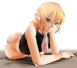 Rule 34 | 1girl, arm support, ass, blonde hair, bottomless, bowalia, female focus, green eyes, lying, mizuhashi parsee, no panties, on side, pointy ears, scarf, short hair, smile, solo, touhou
