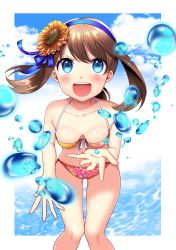 Rule 34 | 1girl, :d, absurdres, bad id, bad pixiv id, bare shoulders, bikini, blue eyes, blue ribbon, blue sky, blush, breasts, brown hair, cleavage, cloud, collarbone, creatures (company), day, floral print, flower, game freak, hairband, highres, leaning forward, looking at viewer, may (pokemon), may (pokemon oras), nintendo, open mouth, outside border, pokemon, pokemon oras, ribbon, short hair, simple background, sky, smile, solo, splashing, sunflower, swimsuit, water, white background, yuihico