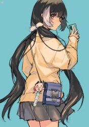 Rule 34 | 1girl, aqua background, bag, bag charm, black hair, cellphone, character name, charm (object), cowboy shot, from behind, girls&#039; frontline, grey skirt, hair ornament, hair over shoulder, hair scrunchie, handbag, heterochromia, highres, holding, holding phone, jacket, long hair, long sleeves, looking at viewer, looking back, m4 sopmod ii (girls&#039; frontline), mod3 (girls&#039; frontline), multicolored hair, phone, pleated skirt, red eyes, ro635 (girls&#039; frontline), ro635 (mod3) (girls&#039; frontline), scrunchie, simple background, skirt, solo, taiyang ami, twintails, very long hair, white background, yellow eyes, yellow jacket