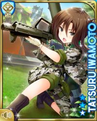 Rule 34 | 1girl, aiming, bazooka, boots, brown hair, camouflage, card, character name, fingerless gloves, girlfriend (kari), gloves, goggles, grass, grey eyes, gun, handgun, holding, holster, iwamoto tatsuru, kneeling, looking at viewer, official art, open mouth, outdoors, pistol, ponytail, qp:flapper, rifle, smile, solo, tagme, teeth, tent, upper teeth only, v-shaped eyebrows, weapon