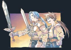 Rule 34 | 2boys, belt, blue hair, brothers, brown hair, closed mouth, grandia, grandia ii, holding, holding sword, holding weapon, long hair, male focus, melfice (grandia), michibata 65, multiple boys, open mouth, ponytail, ryudo (grandia), siblings, smile, sword, weapon