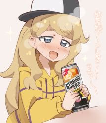 Rule 34 | 1girl, baseball cap, blonde hair, blue eyes, blush, can, character request, copyright request, fang, haiteku, hat, holding, holding can, hood, hoodie, long hair, sexually suggestive, sideways hat, solo, sparkle, strong zero, sweatdrop, thick eyebrows