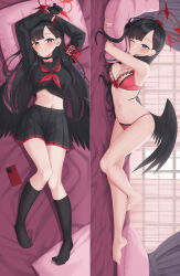 Rule 34 | 1girl, arms up, bare arms, bare shoulders, bed sheet, black choker, black gloves, black hair, black serafuku, black shirt, black skirt, black socks, blue archive, bow, bow bra, bra, breasts, choker, cleavage, closed mouth, crop top, crop top overhang, dakimakura (medium), feathered wings, full body, gloves, gluteal fold, grey eyes, grin, hair ornament, hairclip, halo, highres, hugging object, ichika (blue archive), kneehighs, kurisu-kun, lace, lace-trimmed bra, lace trim, lingerie, long hair, long sleeves, looking at viewer, low wings, lying, medium breasts, midriff, miniskirt, multiple views, navel, neckerchief, no shoes, on back, on bed, one eye closed, parted bangs, pillow, pillow hug, pleated skirt, red bra, sailor collar, school uniform, serafuku, shirt, skirt, smile, socks, stomach, thighs, underwear, underwear only, very long hair, wings