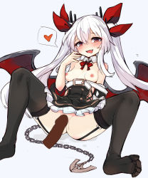 Rule 34 | 1girl, :p, anchor, azur lane, belt, black thighhighs, blush, breasts, censored, chain, disembodied penis, garter belt, hair ornament, hair ribbon, heart, highres, long hair, looking at viewer, mosaic censoring, mou tama maru, naughty face, penis, pussy, pussy juice, red eyes, ribbon, simple background, small breasts, solo, spoken heart, spread legs, thighhighs, tongue, tongue out, twintails, vampire (azur lane), wings