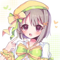 Rule 34 | 1girl, artist name, artist request, blush, bow, breasts, brown hair, collarbone, crescent, crescent hair ornament, cross-laced clothes, cross-laced dress, diamond (love live!), dress, feathers, female focus, frilled dress, frills, green bow, green ribbon, grey hair, hair ornament, hat, hat feather, heart, highres, light brown hair, looking at viewer, love live!, love live! nijigasaki high school idol club, love live! school idol festival, nakasu kasumi, parted lips, pointing, pointing at self, purple eyes, red eyes, ribbon, short hair, small breasts, smile, solo, star (symbol), star hair ornament, sumiike, upper body, white background, white feathers, wrist cuffs, yellow bow, yellow dress, yellow hat, yellow ribbon, yellow wrist cuffs