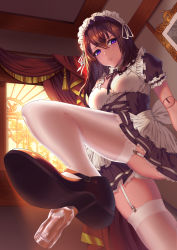 Rule 34 | 1girl, absurdres, artificial vagina, brown hair, doll joints, feet, female focus, foot focus, from below, garter straps, highres, joints, leg up, long hair, looking at viewer, maid, maid headdress, panties, pantyshot, parted lips, pov, purple eyes, see-through, see-through legwear, sex toy, shoes, solo, underwear, white legwear