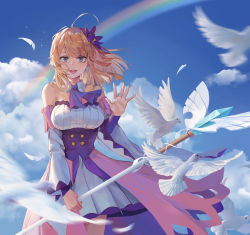 Rule 34 | 1girl, absurdres, ahoge, ascot, bare shoulders, bird, blonde hair, blue sky, blurry, blurry foreground, cloud, commentary request, cowboy shot, day, detached collar, detached sleeves, dress, falling feathers, feathers, flower, grey eyes, hair flower, hair ornament, hand up, highres, holding, holding staff, medium hair, mmmilk, open mouth, original, outdoors, pink skirt, purple ascot, purple dress, purple flower, rainbow, skirt, sky, solo, staff, strapless, strapless dress, two-tone dress, waving, white dress, white sleeves