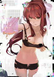 Rule 34 | 1girl, bad leg, black bra, bra, breasts, brown hair, censored, cleavage, doki doki literature club, glitch, glitch censor, green eyes, highres, light smile, long hair, looking at viewer, medium breasts, monika (doki doki literature club), nanatsuki sousuke, navel, ponytail, shorts, solo, standing, torn clothes, torn shorts, underwear