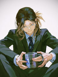 Rule 34 | 1boy, black hair, brown hair, character request, cup, formal, glasses, highres, huangdanlan, jacket, mug, simple background, solo, suit, suit jacket, tokyo revengers, white background