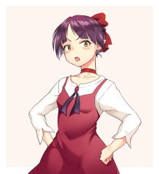Rule 34 | 1girl, absurdres, blunt bangs, blush, bow, breasts, brooch, choker, collarbone, dress, eyebrows, fang, gegege no kitarou, hair bow, hands on own hips, highres, jewelry, long sleeves, looking at viewer, nekomusume, nekomusume (gegege no kitarou 6), okamen, open mouth, parted bangs, pointy ears, purple hair, red bow, red choker, red dress, shirt, short hair, small breasts, solo, undershirt, v-shaped eyebrows, white shirt, yellow eyes