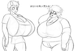 Rule 34 | 2girls, alternate hair length, alternate hairstyle, apron, borrowed character, breasts, cow girl, emerald (sprite37), fat, female focus, gigantic breasts, glasses, horns, monochrome, multiple girls, original, simple background, sprite37, standing, sukimi, twintails, white background