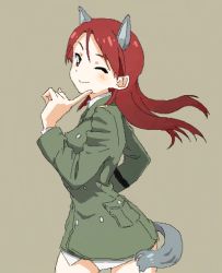Rule 34 | 1girl, ;), animal ears, bad id, bad pixiv id, blush, finger to face, grey background, long hair, long sleeves, lowres, military, military uniform, minna-dietlinde wilcke, one eye closed, red eyes, red hair, shiratama (hockey), simple background, smile, solo, strike witches, tail, uniform, wolf ears, wolf tail, world witches series