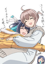 16bit_sensation 3girls :d ^_^ ahoge akisato_konoha artist_name biting biting_clothes blue_hair closed_eyes colored_inner_hair fang fur-trimmed_hood fur_trim grey_hair highres hood hug ishii_hisao jacket jealous long_sleeves multicolored_hair multiple_girls mutual_hug o_o open_mouth short-sleeved_sweater short_hair short_sleeves signature simple_background smile sweater tears uehara_meiko white_background yamada_touya yellow_jacket yuri