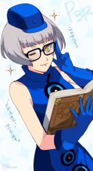 Rule 34 | 1girl, absurdres, adjusting eyewear, bare shoulders, black-framed eyewear, blue dress, blue gloves, blue hat, blunt bangs, book, closed mouth, commentary request, dress, elizabeth (persona), glasses, gloves, grey hair, hat, high collar, highres, holding, holding book, looking at viewer, mini hat, one eye closed, open book, persona, persona 3, persona 3 reload, short hair, sleeveless, sleeveless dress, solo, sparkle, translation request, upper body, yellow eyes, yokaroni
