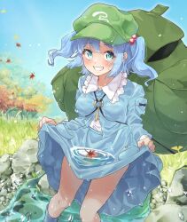 Rule 34 | 1girl, aqua eyes, autumn, autumn leaves, bare legs, black bow, blue dress, blue footwear, blue hair, boots, bow, breasts, commentary request, daiwa uho, dress, dress bow, falling leaves, frilled shirt, frills, ginkgo leaf, ginkgo tree, grass, green bag, green hat, grin, hair bobbles, hair ornament, hat, highres, kawashiro nitori, key, leaf, looking at viewer, motion blur, o-ring, pocket, puddle, ripples, rock, shirt, short hair, short twintails, skirt hold, sky, small breasts, smile, solo, standing, touhou, tree, twintails, twitter username, water, water drop, watermark, wet, wet clothes, wet dress