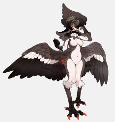 Rule 34 | 1girl, bird girl, bird legs, bird tail, bird wings, black choker, black hair, bright pupils, bul (moiko), choker, collarbone, digitigrade, feathered wings, furry, furry female, hair over one eye, hand on own head, hand up, highres, knees together feet apart, laurel crown, looking at viewer, low wings, medium hair, navel, one eye covered, open mouth, orange nails, original, simple background, smile, solo, standing, tail, talons, white background, white pupils, wings