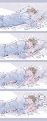 Rule 34 | 1boy, absurdres, bed, blonde hair, blue shirt, cellphone, enjin y, face in pillow, highres, holding, holding phone, holding pillow, jujutsu kaisen, looking at phone, lying, male focus, nanami kento, navel, on stomach, parted lips, phone, pillow, shirt, short hair, sleeping, sleeves rolled up, smartphone, solo, upper body, waking up