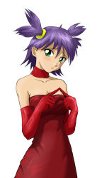 Rule 34 | 1girl, alternate costume, bare shoulders, blush, breasts, choker, cleavage, collarbone, dress, elbow gloves, everlasting summer, female focus, fingers together, gloves, green eyes, hair between eyes, head tilt, huyase, iichan.ru, looking at viewer, mascot, medium breasts, neck, parted lips, purple hair, red choker, red dress, red gloves, ru-chans, short hair, short twintails, simple background, solo, standing, strapless, strapless dress, twintails, unyl-chan, white background