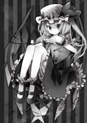Rule 34 | 1girl, arrow (projectile), bad id, bad pixiv id, female focus, flandre scarlet, greyscale, hat, heart, highres, ibara riato, kondou (dioptrie), long hair, monochrome, side ponytail, solo, embodiment of scarlet devil, touhou, wrist cuffs