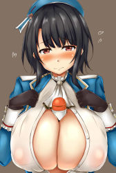 Rule 34 | 1girl, beret, between breasts, black gloves, black hair, blue jacket, breasts, cleavage, epaulettes, covered erect nipples, frilled sleeves, frills, gloves, hands on own breasts, hat, hat ribbon, highres, jacket, kantai collection, large breasts, long sleeves, looking at viewer, lotion, lotion bottle, neckerchief, nipples, red eyes, ribbon, shirt, short hair, simple background, smile, sweat, takao (kancolle), terakoya, upper body, white shirt