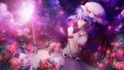 Rule 34 | 1girl, blue hair, commentary request, flower, from side, hat, highres, holding, holding flower, kohaku muro, looking at viewer, mob cap, puffy short sleeves, puffy sleeves, red eyes, remilia scarlet, rose, short hair, short sleeves, solo, touhou, wings, wrist cuffs